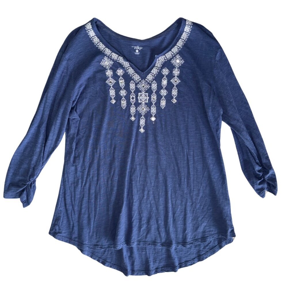 Blue Great Northwest Indigo Large Women's Top India Boho Aztec Embroidered